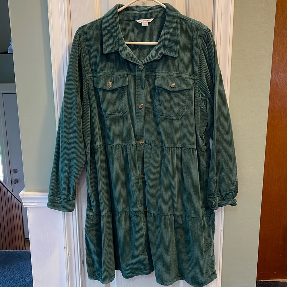 American Eagle Outfitters Forest Green Corduroy Long-Sleeve Tiered Dress
